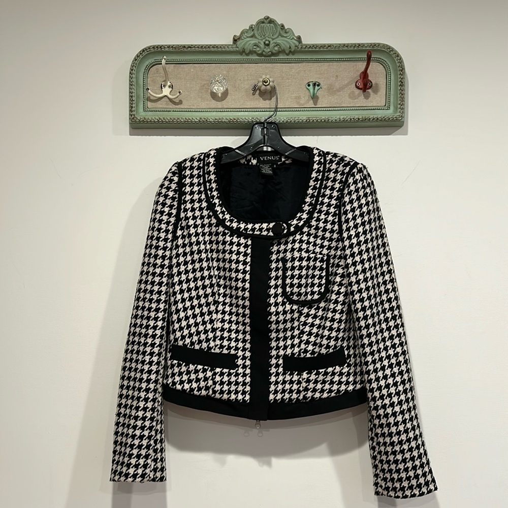 VENUS Paris Houndstooth black & white wool chic concealed zip jacket women’s 8